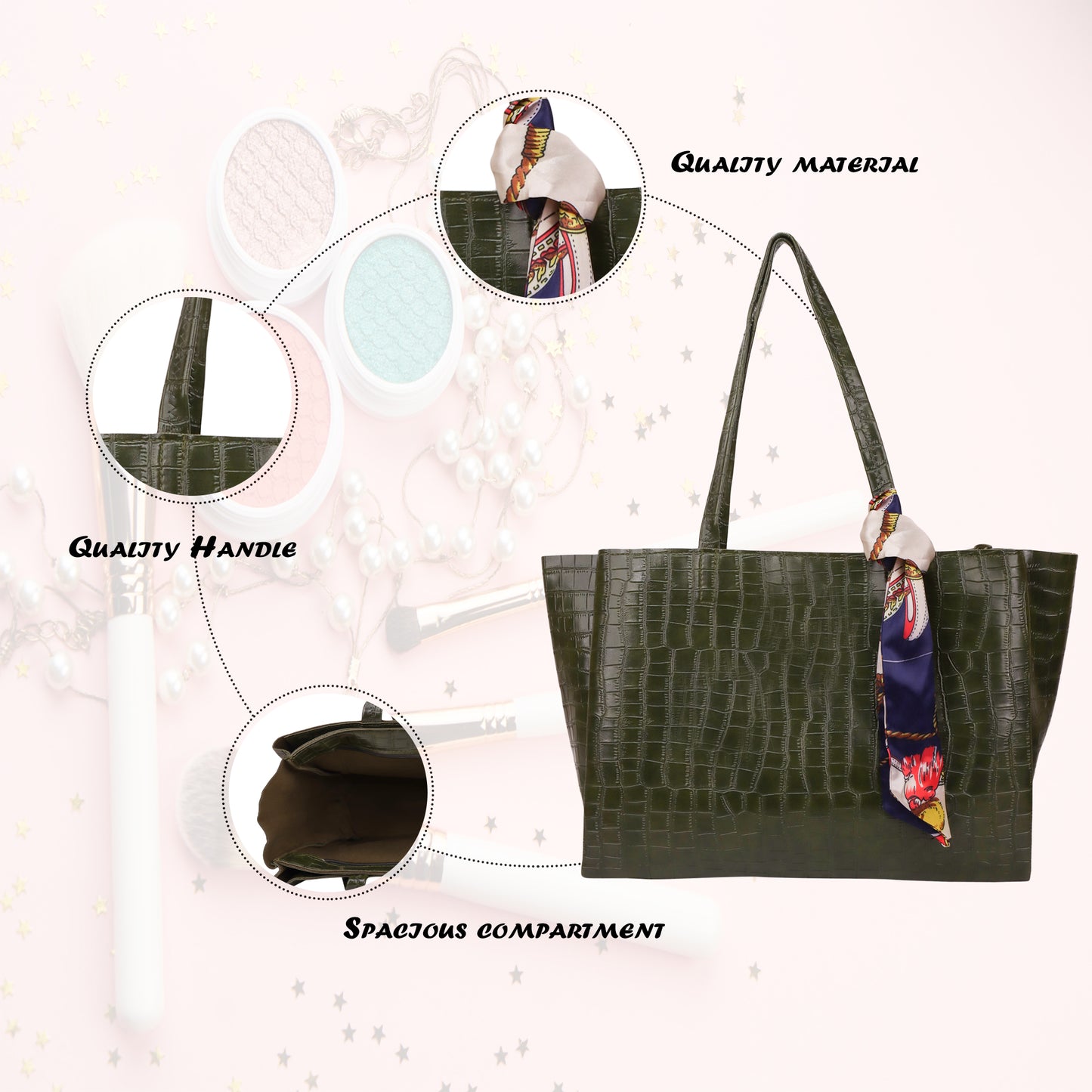 Kroko Vegan Leather 3 Compartment Tote Bag - Green